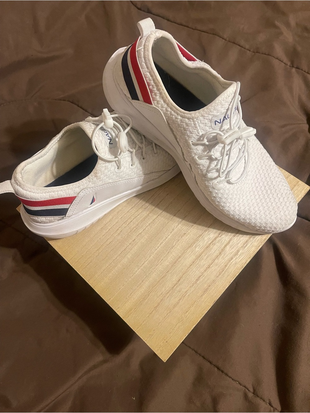 Womenβs Nautica White Knit Sneaker with Red & Navy Stripe